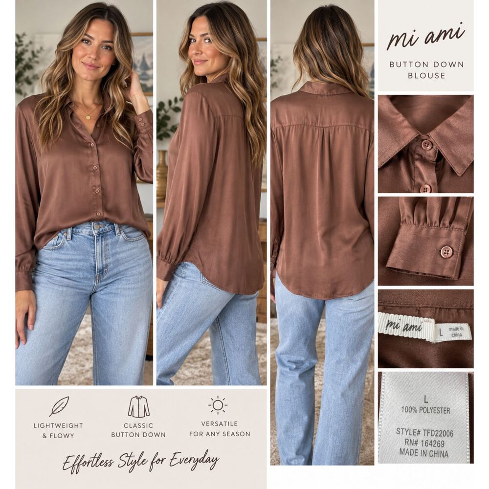 Mi Ami Women’s L Brown Satin Button Down Blouse Long Sleeve Lightweight
